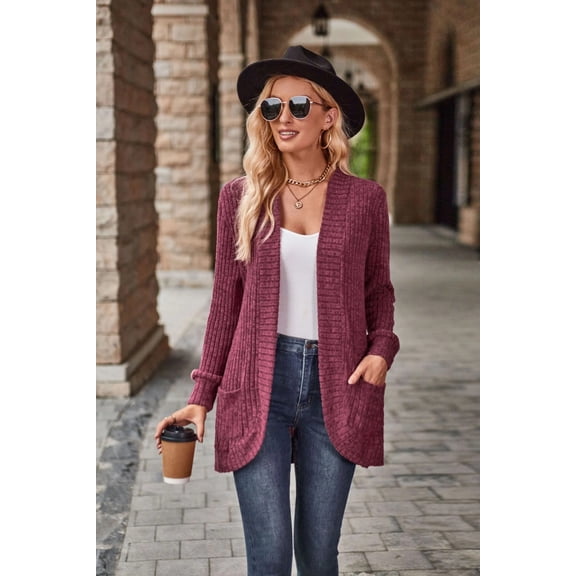 Autumn Solid Color Sunken Stripe Brushed Stitching Long Sleeve Cardigan Jacket