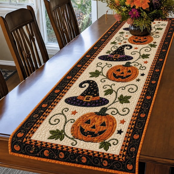Autumn Spell Quilted Table Runner, Halloween Pumpkin Tablecloth Fall Decor, Embroidered Pumpkin Farmhouse Table Decor, Holiday Kitchen Dining Decorations for Home Party (A)