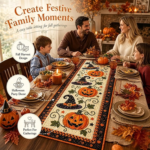 Autumn Spell Quilted Table Runner, Halloween Pumpkin Tablecloth Fall Decor, Embroidered Pumpkin Table Cover for Dining Room, Compatible with Halloween, Thanksgiving, Christmas Holiday Table Setting