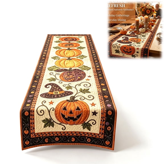 Autumn Spell Quilted Table Runner for Dining Table Holiday Decor – Warm Fall Harvest Farmhouse Style, Thanksgiving & Halloween Kitchen Decoration