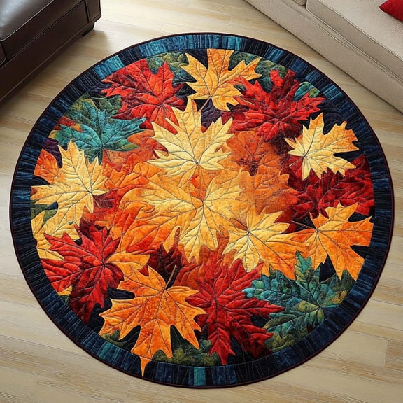Autumn Splendor Quilted Round Mat, Autumn Leaves Round Floor Mat, Seasonal Nature Home Decor Rug, Quilted Area Carpet for Bedroom Living Room