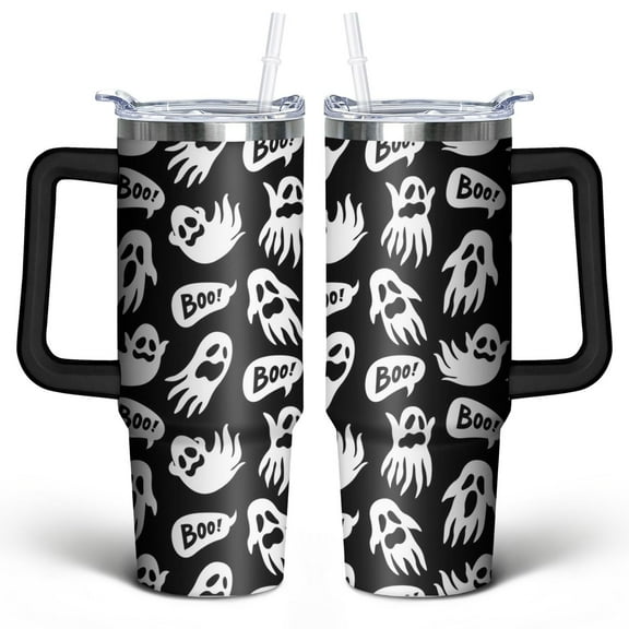 Autumn Spooky Tumbler 30oz - Trick Treat Candy Halloween - Double Wall Insulated Cup with Handle & Straw