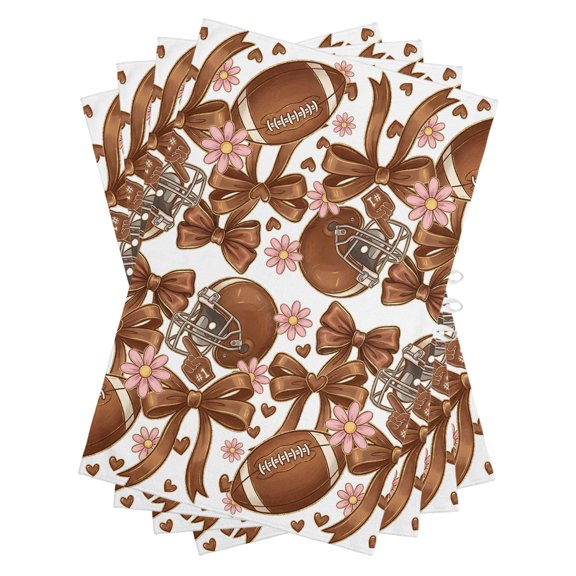 Autumn Sports Kitchen Towels Dish Towel Pack of 4 Rustic Brown Football Ribbon Bows Pink Flowers Soft Dish Cloth Set Absorbent Dishcloth for Drying Dishes, Hand Towels 18 x 28 Inches