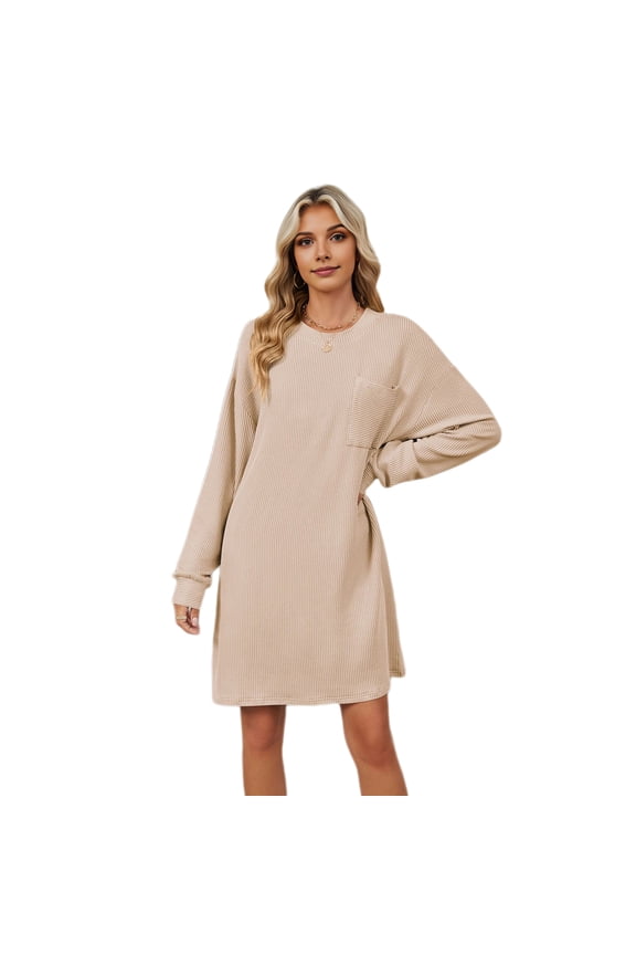 Autumn Spring Dress Thread Solid Color Loose Chest Pocket Long Sleeves O Neck Pullover Knee Length Commuting Dating Midi Dress