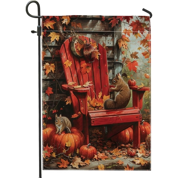 Autumn Squirrel Garden Flag Double Sided Burlap Outdoor Yard Flag With Pumpkin Leaves Adirondack Chair Fall Home Decor 12 x 18 Inch
