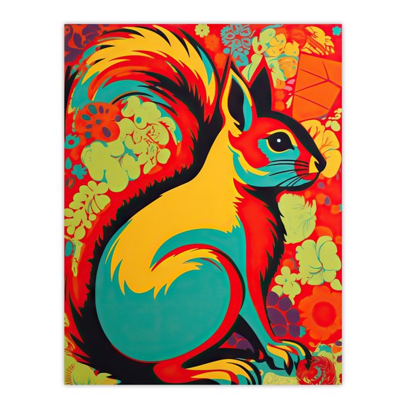 Autumn Squirrel Screenprint Neon Red Orange Yellow Teal Abstract Vibrant Bold Bright Colourful Painting Unframed Wall Art Print Poster Home Decor Premium