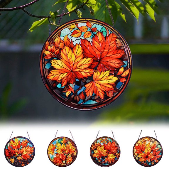 Autumn Stained Glass Window Hanging, 8 Inch Maple Leaves Suncatchers for Windows Fall Decorative Hanging Ornaments