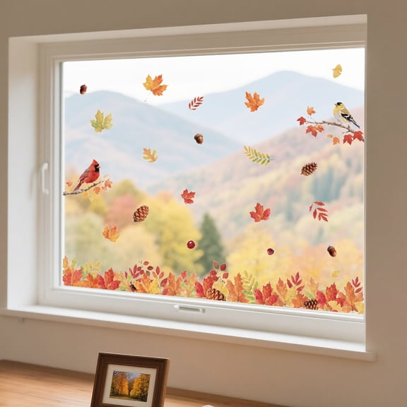 Autumn Static Window Clings Bird and Maple Leaves 1 Sheet Reusable Window Decals