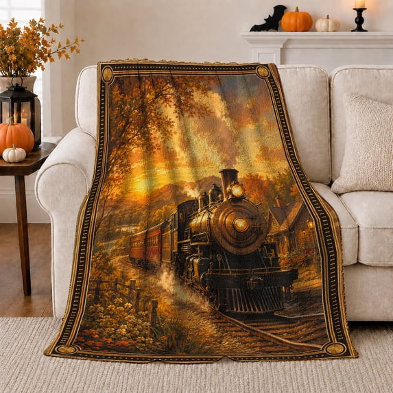 Autumn Steam Train by Village Station with Sunset Trees and Curved Tracks, Vintage Railway Style for Train Lovers, Cozy Flannel Blanket for Den and Living Room, Father's Day Gift, Home Decor
