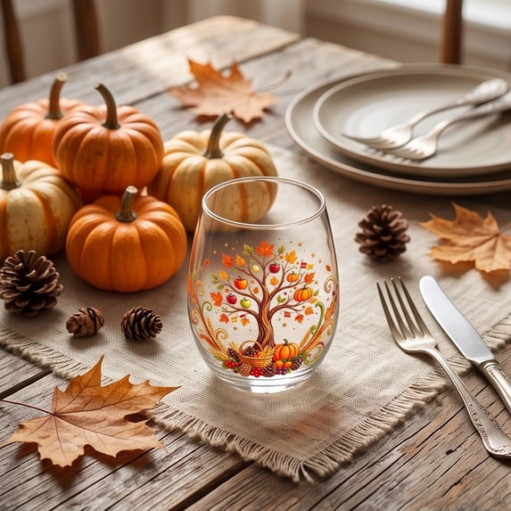 Autumn Stemless Glass Fall Clear Drinking Tumbler Thanksgiving Squirrel Pumpkin Maple Leaf Printed Table Drinkware for Juice Beverages for Home Dinner Party Gathering