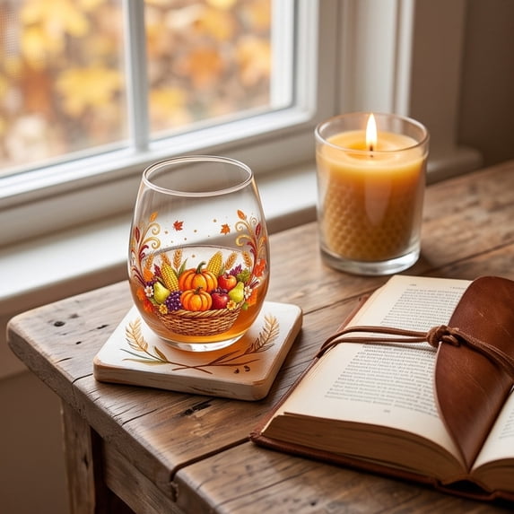 Autumn Stemless Glass Fall Clear Drinking Tumbler Thanksgiving Squirrel Pumpkin Maple Leaf Printed Table Drinkware for Juice Beverages for Home Dinner Party Gathering