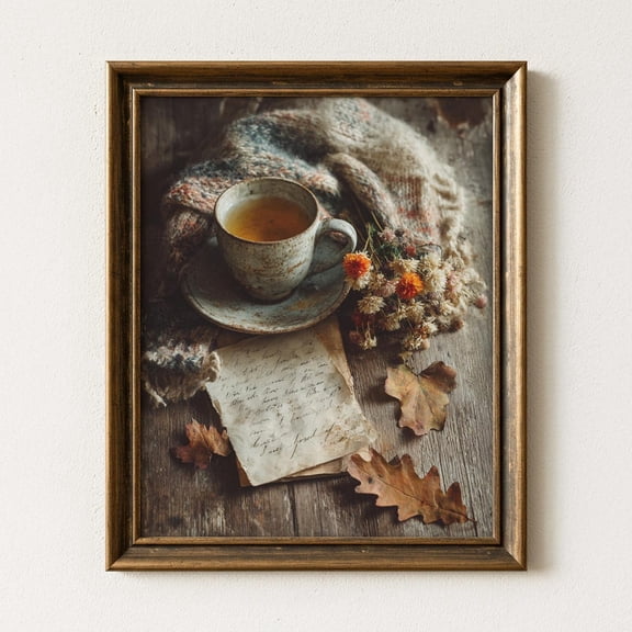 Autumn Still Life with Cup Cozy Fall Scene, Rustic Cottagecore Wall Art, Print Poster Decor, Vintage Tea Time, Seasonal Home Art 135, Size 8x12 UNFFRAMED F03.1.6l3135
