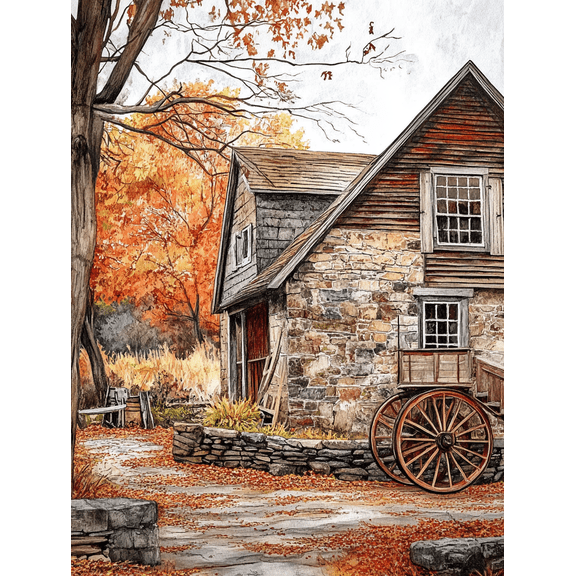 Autumn Stone Barn Wall Art Canvas Print Perfect for Living RoomFarmhouse Decor Countryside Cottage and Fall Themed Rooms