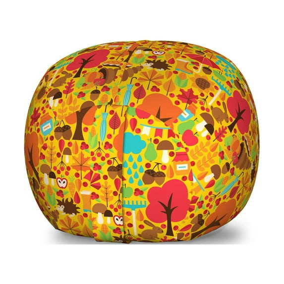 Autumn Storage Toy Bag Chair, Seasonal Happy Colorful Doodle of Forest Rabbit Printed Illustration, Stuffed Animal Organizer Washable Bag, Large Size, Dark Coral and Orange, by Ambesonne