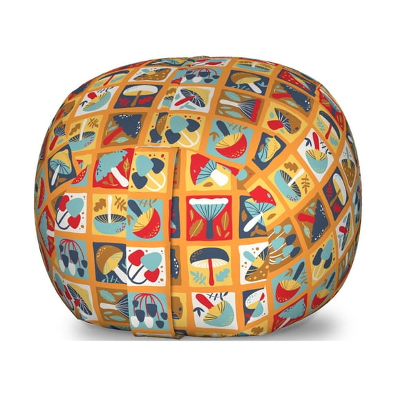 Autumn Storage Toy Bag Chair, Various Seasonal Abstract Mushroom Doodles Patchwork Printed Illustration, Stuffed Animal Organizer Washable Bag, Small Size, Dark Pink Marigold, by Ambesonne