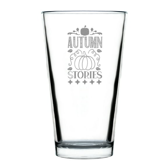 Autumn Stories Hand Engraved 16oz Pint Glass, Fall Pumpkin Etched Glassware, Autumn Themed Drinking Glass, Unique Seasonal Gift