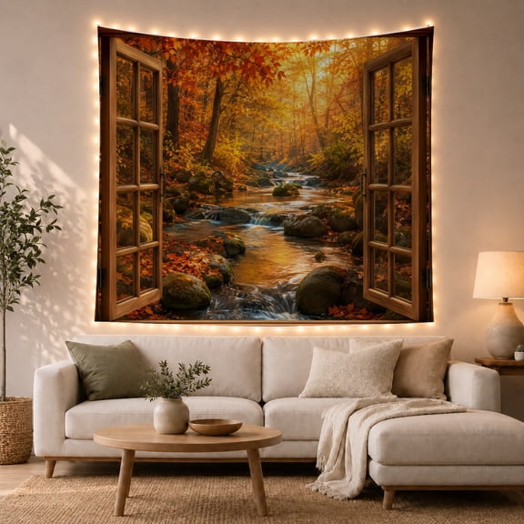 Autumn Stream in a Golden Forest Through Open Windows, Nostalgic Rustic for Nature Lovers, Landscape Wall Art, Housewarming Gift, Tapestry Wall Hanging for Living Room and Den