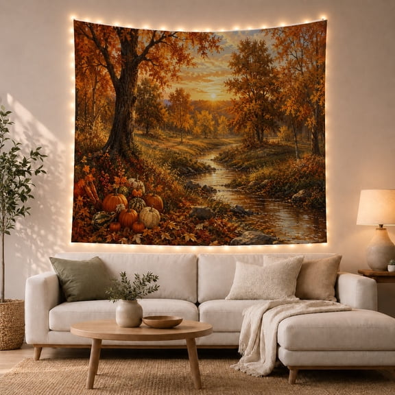 Autumn Stream Landscape in Seasonal Forest, Warm Serene Vintage Art for Nature Lovers, Forest Home Decor, Thanksgiving Gift Tapestry Wall Hanging for Living Room, Bedroom and Dorm