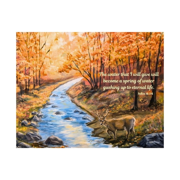Autumn Stream With Deer Christian Wall Art Print John 414 Scripture Poster Fall Forest Landscape Art Print From Original Painting