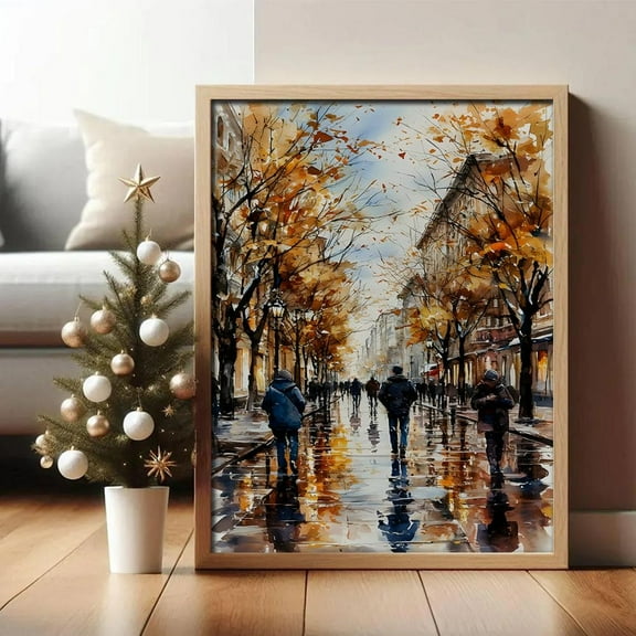 Autumn Street Scene Wall Art – Rainy City Walkgolden Fall Trees Street View Poster, Modern Home Decor Gift Home Decor, 16x24 UNFRAMED