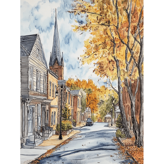 Autumn Street Scene Watercolor Painting/Canvas Art Perfect for Living Room Bedroom Office Hallway and Dining Room Decoration.
