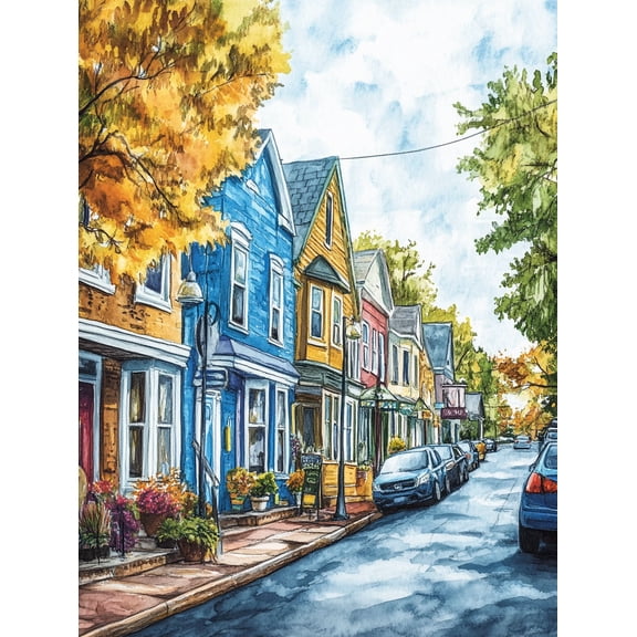 Autumn Street Scene Watercolor Painting/Canvas Print Suitable for Living RoomDining RoomHallway Decoration