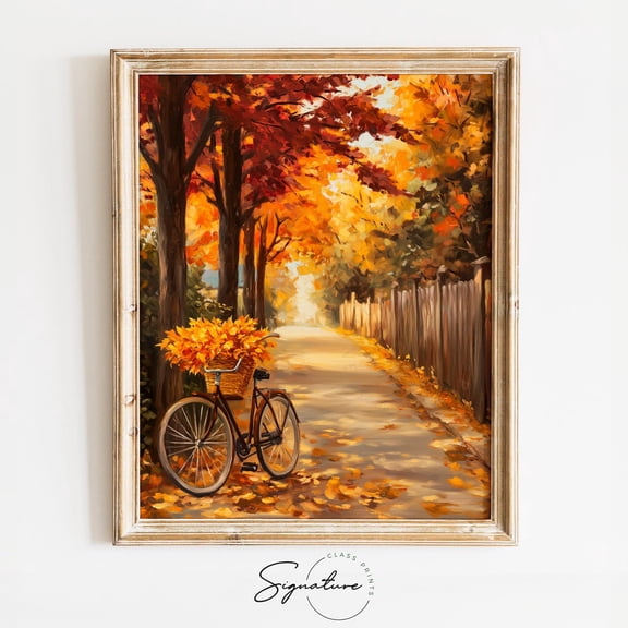 Autumn Street with Bicycle & Fall Foliage, Rustic Fall Scene, Earthy Cottagecore Decor, Cozy Autumn Vintage Bicycle Art, 1705 Unframed Paper Print