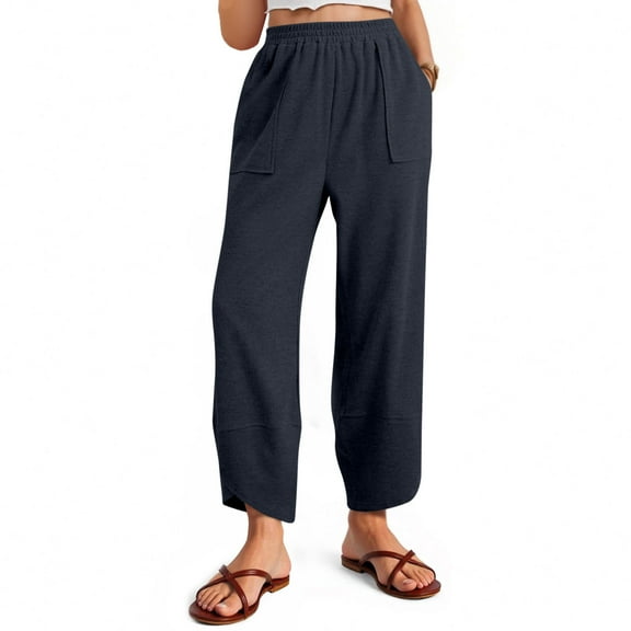 Autumn Summer Cropped Pants for Women Solid Color Essentials Womens Trousers with Side Pockets Elastic Waist Ankle Length Pants Vacation Casual Daily Outfit