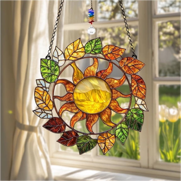 Autumn Sun & Leaves Acrylic Suncatcher Sunburst Wreath Faux Stained Glass Suncatcher, Acrylic Window Hanging Gift For Fall Decor
