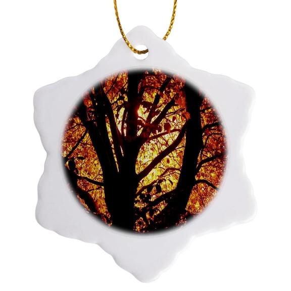 3drose, Autumn Sun Shining Through the Tree, 3 inch Snowflake Porcelain Ornament