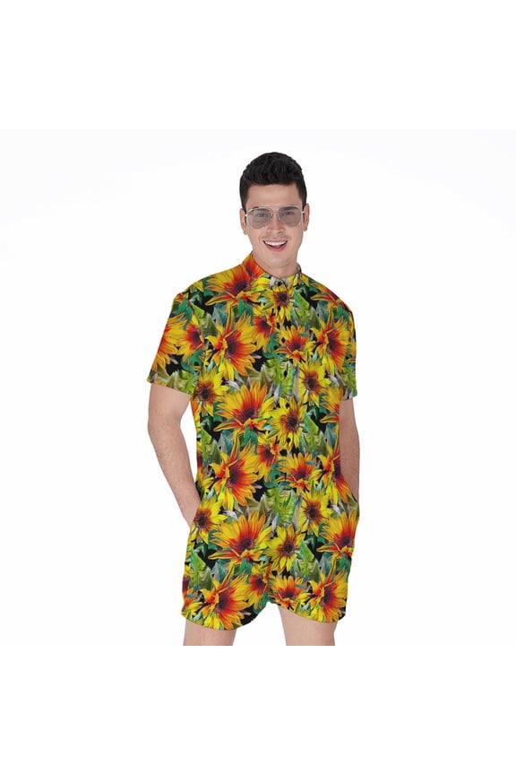 Autumn Sunflower Pattern Short Sleeve Men'S Rompers Casual Summer Jumpsuits Outfit
