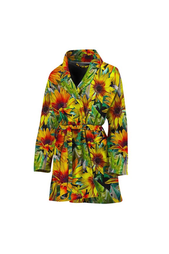 Autumn Sunflower Pattern Women Bathrobe One Size Univeral Fits Fashion Lightweight Plush Fleece Long Robe For Women
