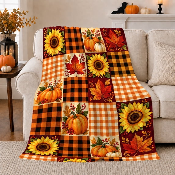 Autumn Sunflower Pumpkin Patchwork, Cozy Friendship Quote Scene, Warm Flannel Blanket for Living Room and Reading Nook, Art Lovers Thanksgiving Gift, Artistic Home Decor