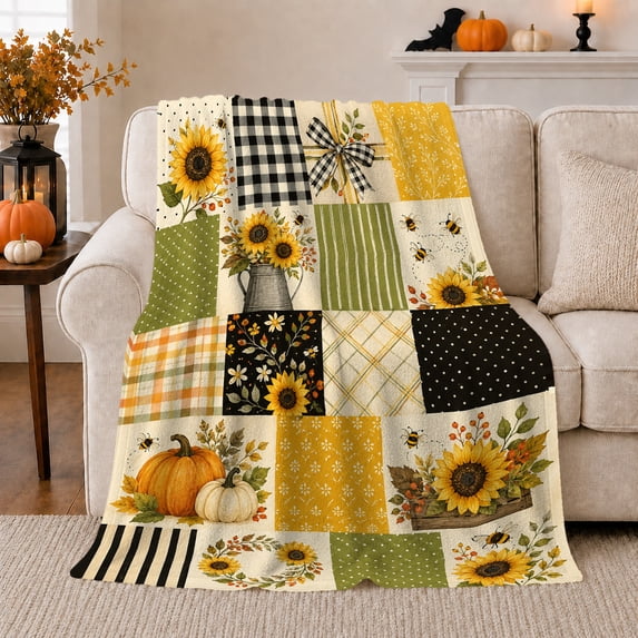 Autumn Sunflower Pumpkin Patchwork, Festive Holiday Scene, Warm Flannel Blanket for Ranch House and Living Room, Art Lovers Thanksgiving Gift, Festive Home Decor