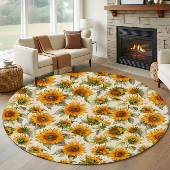 Autumn Sunflower Round Rug 8ft Washable Circle Rugs Non Slip Fall Country Vintage Botanical Large Area Rug Indoor Floor Carpet for Bedroom Kitchen Living Room Home Office Dining Room Nursery