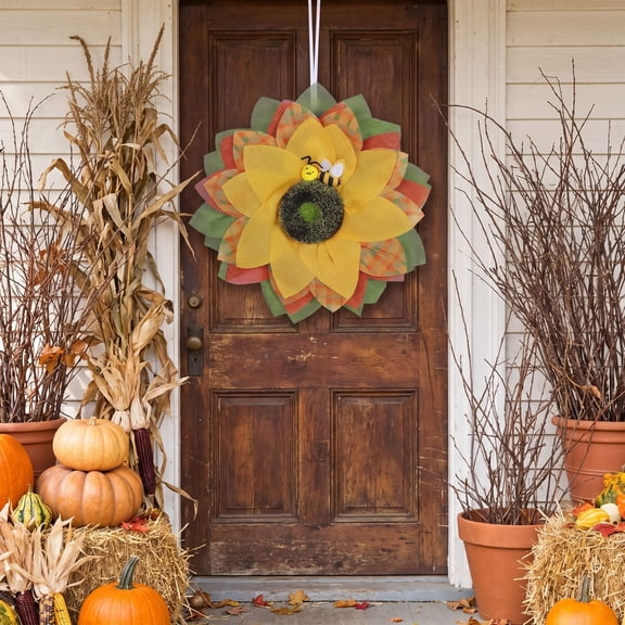 Autumn Sunflower Wreath with Bee Decor, Artificial Summer Wreath for Front Door, Silk Sunflower Door Decor for Spring Summer Fall