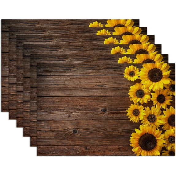 Autumn Sunflowers Placemats Set of 6,Washable Heat Resistant 12×18 Inch Linen Table Mats Wooden Place Mats for Party Outdoor Dining Décor