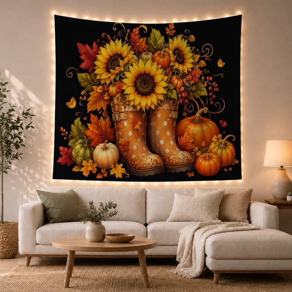 Autumn Sunflowers and Pumpkins Polyester Tapestry