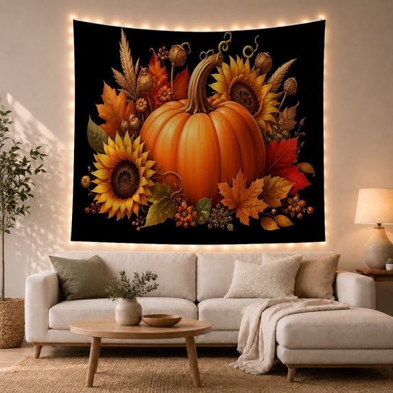 Autumn Sunflowers and Pumpkins Polyester Tapestry