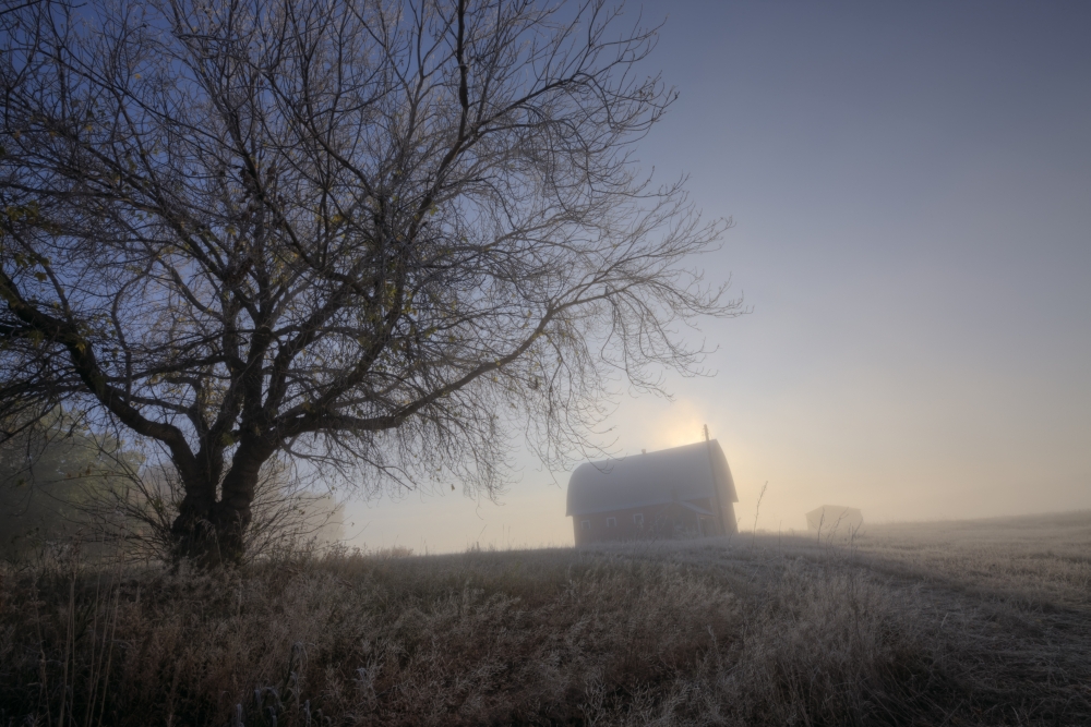 Autumn Sunrise Over Barn On A Farm In Rural Alberta On The Prairies Alberta Canada Canvas Art - Dan Jurak Design Pics (34 x 22)
