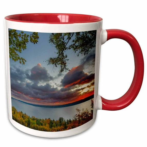 3drose, Autumn Sunrise Over Munising Bay and Grand Island, Munising, Michigan, 11oz Two-tone Red Mug