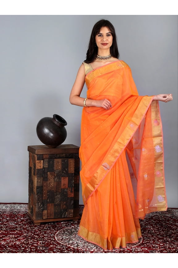 Autumn-Sunset Chanderi Silk Saree With Buttis