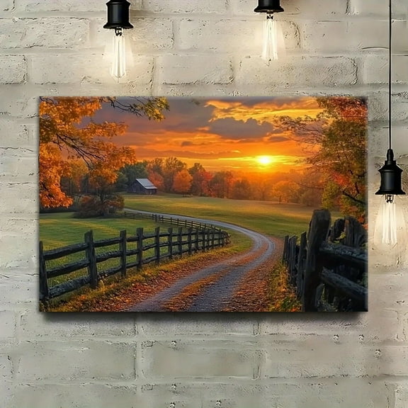 Autumn Sunset Country Road Frame Canvas Wall Art-Vibrant Autumn Leaves Landscape Decoration for Living Room, Bedroom, Office Or Cafe, Wooden Frame, Warm Seasonal Atmosphere,