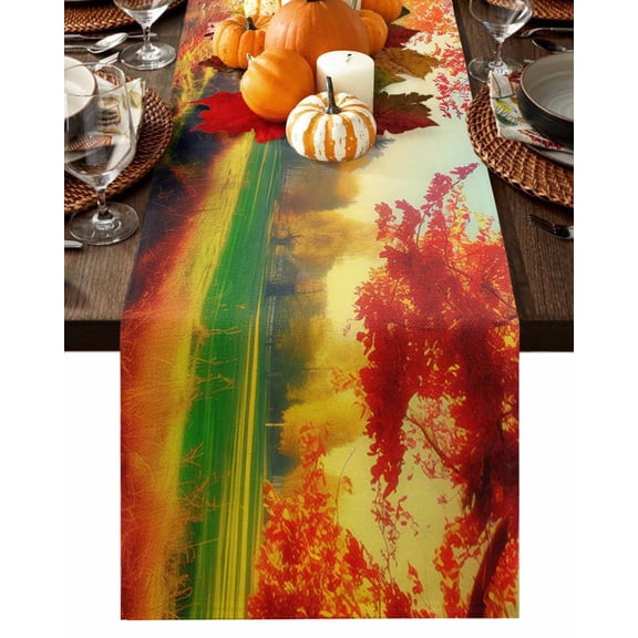 Autumn Sunset Forest Table Runner-Cotton Linen- 36 Inch Holiday Dresser Scarves, Fallen Leaves Natural Landscape Tablerunner for Kitchen Coffee/Dining Bedroom Living Room Dinner Scarf Décor 13x36