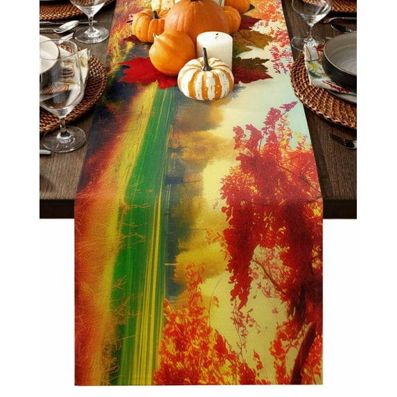 Autumn Sunset Forest Table Runner-Cotton Linen- 48 Inch Holiday Dresser Scarves, Fallen Leaves Natural Landscape Tablerunner for Kitchen Coffee/Dining Bedroom Living Room Dinner Scarf Décor 13x48