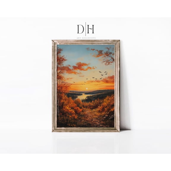 Autumn Sunset Lake : Birds Over Water, Cottagecore Wall Art Unframed Paper Print
