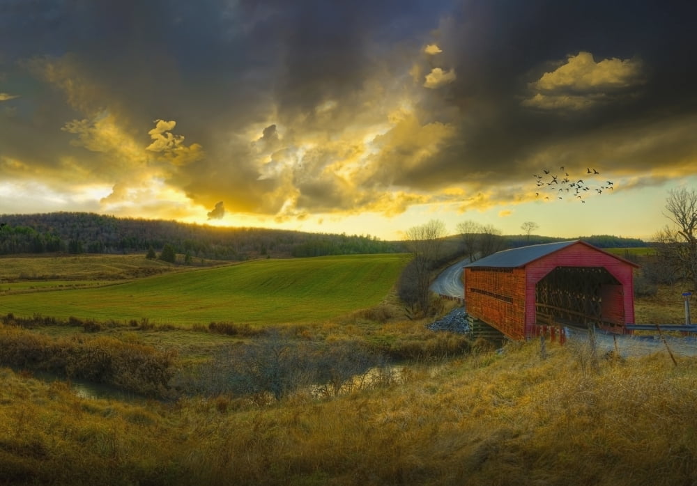 Autumn Sunset Over Meech Creek And Covered Bridge In Gatineau HillsQuebec Canada Canvas Art - Richard Desmarais Design Pics (36 x 24)