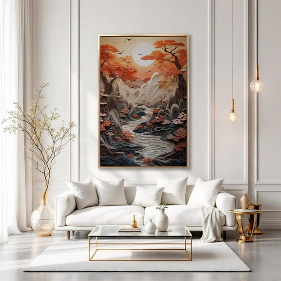 Autumn Sunset Serenity Wall Art Japanese Paper Quilling Art Print Chinese Landscape Ukiyo,e Style Print on Ready to hang Poster Decor, Unframed Poster Size 16x24