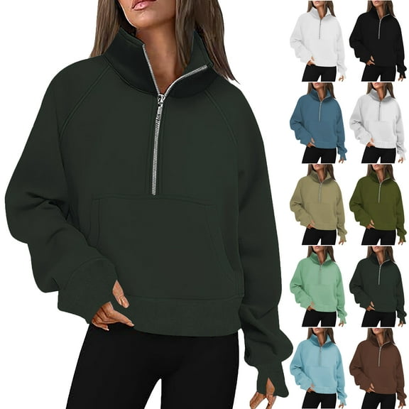 Fall Sweatshirts for Women High Neck 3/4 Zipped Up Pullover Sweatshirts for Ladies Long Sleeves Solid Color Sweatshirts Casual Loose Cozy Tops Everyday Wear