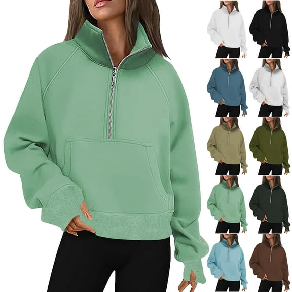 Fall Sweatshirts for Women High Neck 3/4 Zipped Up Pullover Sweatshirts for Ladies Long Sleeves Solid Color Sweatshirts Casual Loose Cozy Tops Everyday Wear